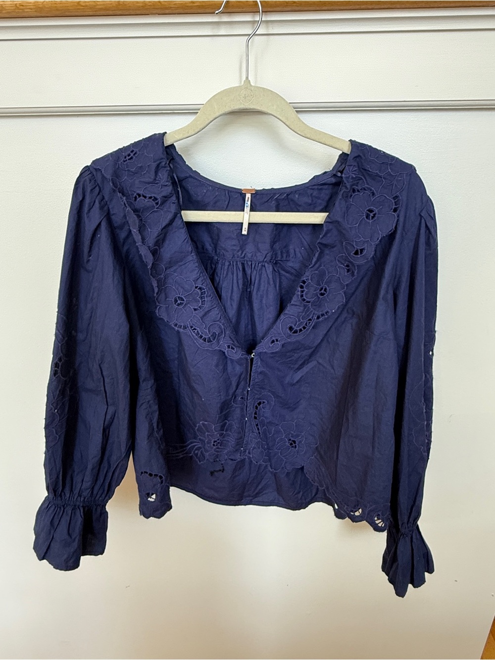 Free People Navy Eyelet Peasant Top